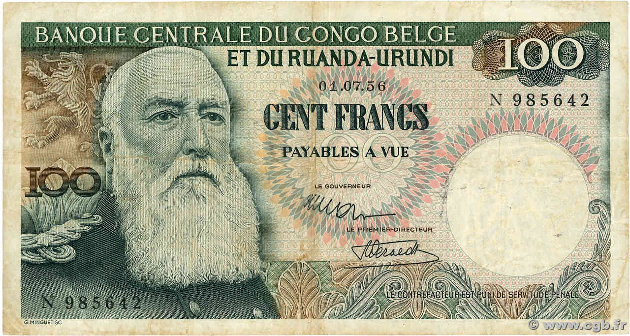 100 Francs CONGO BELGA  1956 P.33a MB