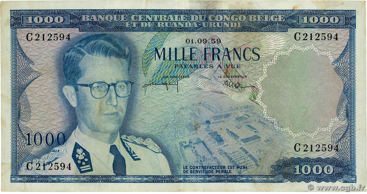 1000 Francs BELGIAN CONGO  1959 P.35 VF