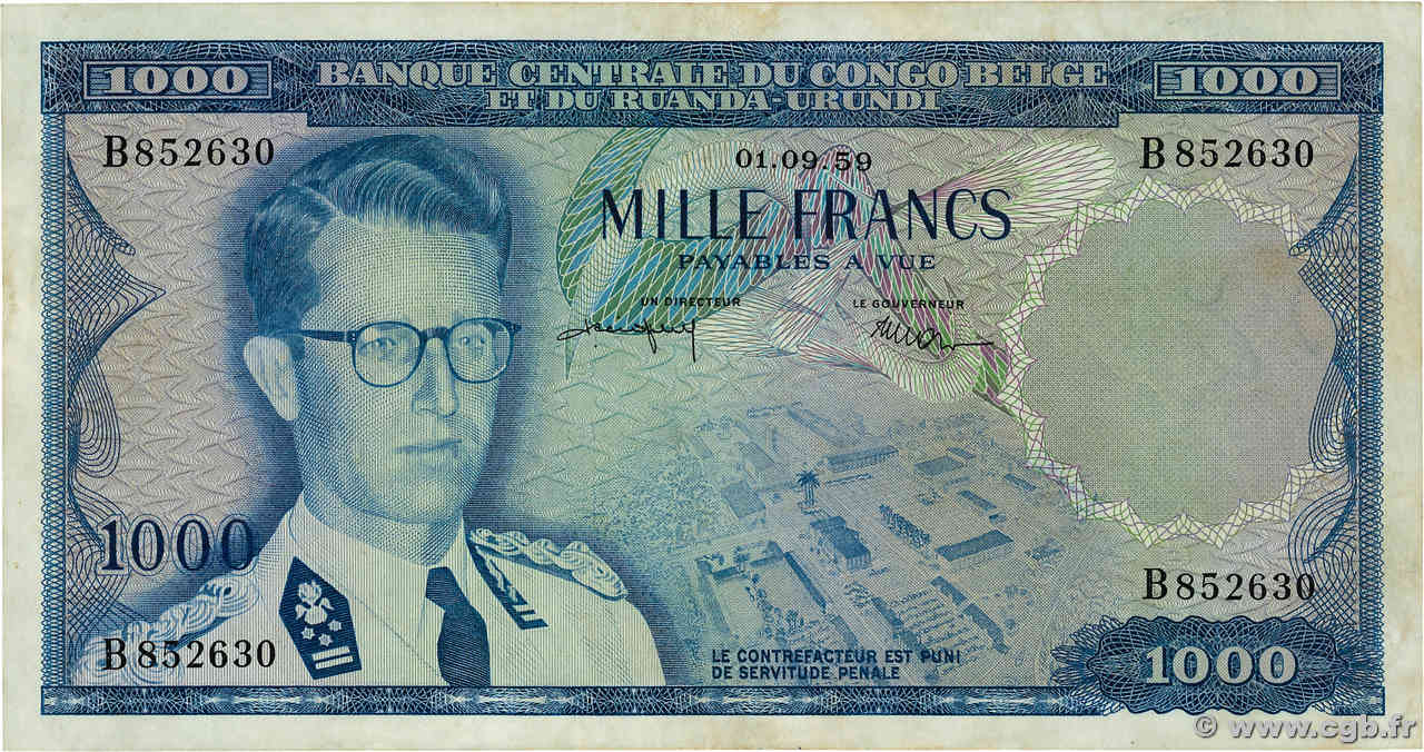 1000 Francs CONGO BELGE  1959 P.35 TTB