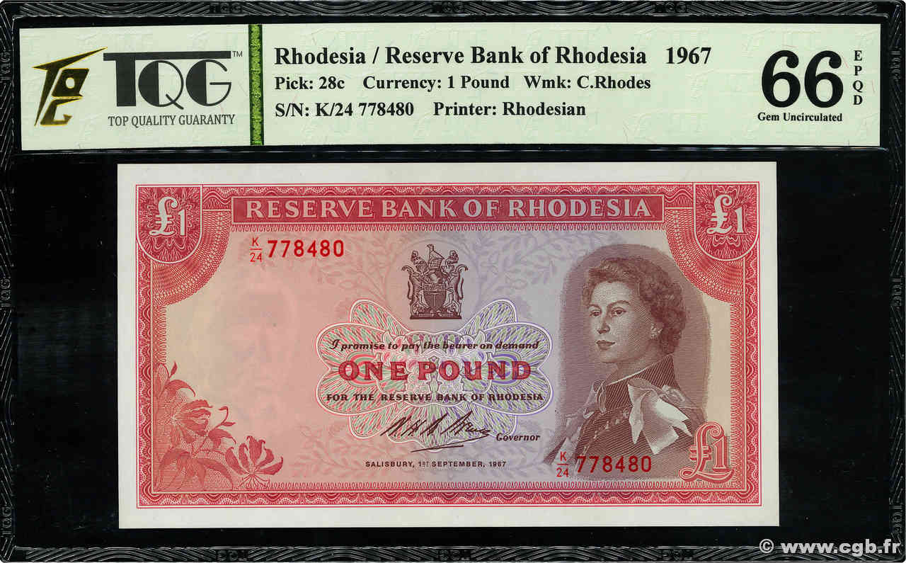 1 Pound RHODÉSIE  1967 P.28c NEUF