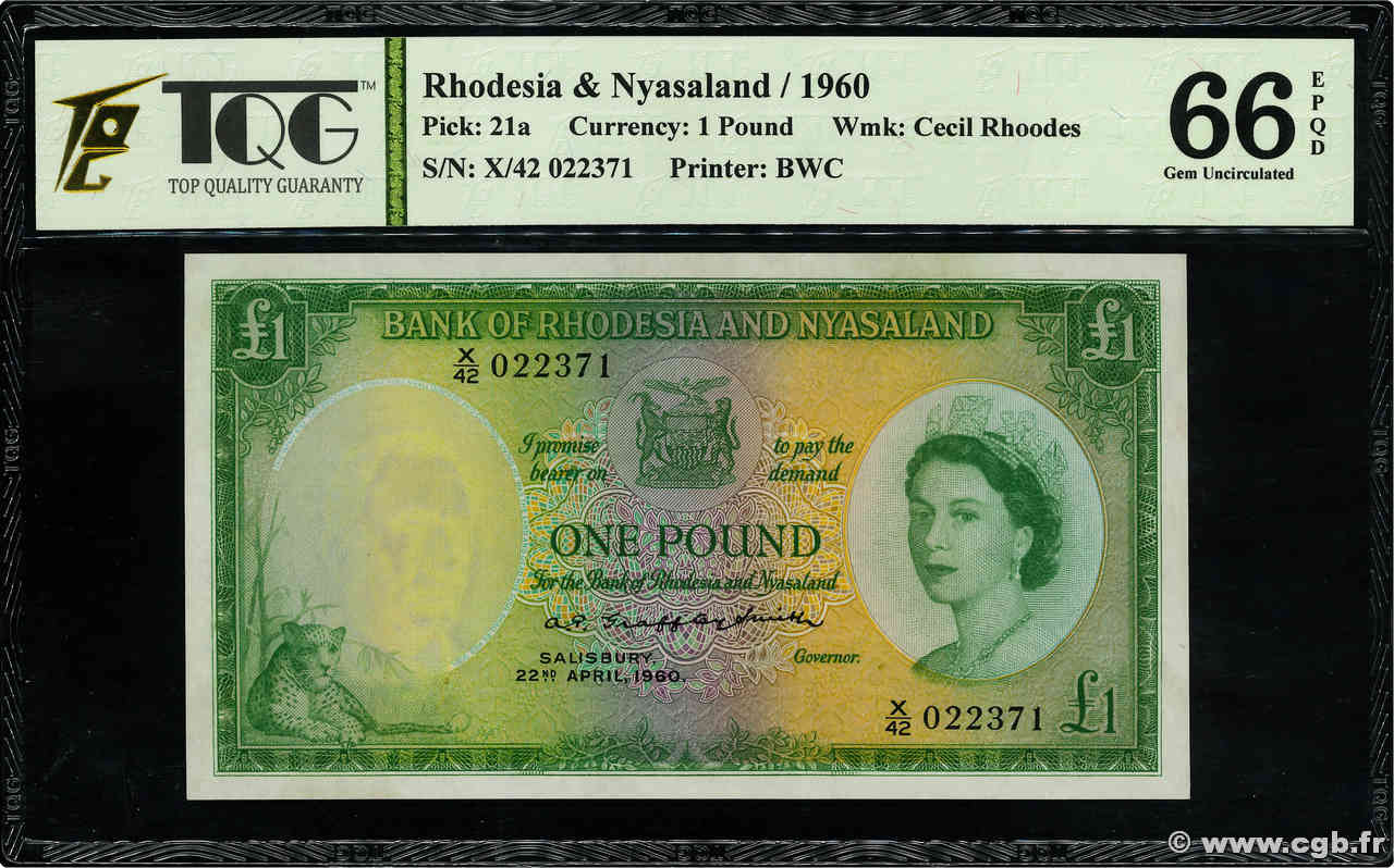 1 Pound RHODESIA AND NYASALAND (Federation of)  1960 P.21a UNC