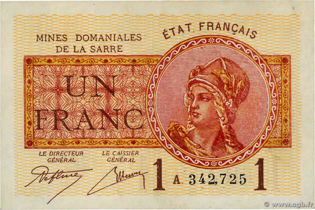 1 Franc MINES DOMANIALES DE LA SARRE FRANCE  1920 VF.51.01 SPL