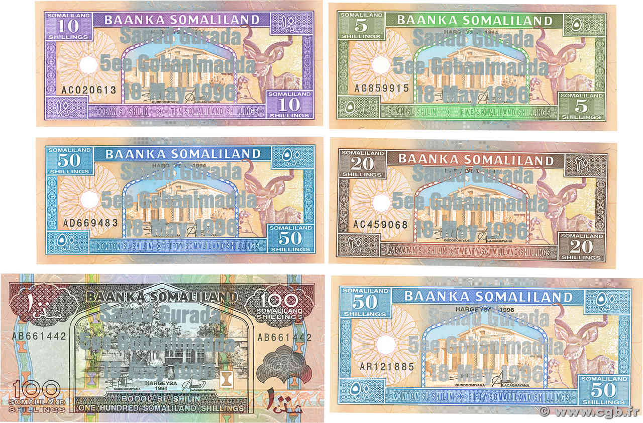 5 à 100 Shillings / Shilin Lot SOMALILAND  1996 P.14 à 18 UNC