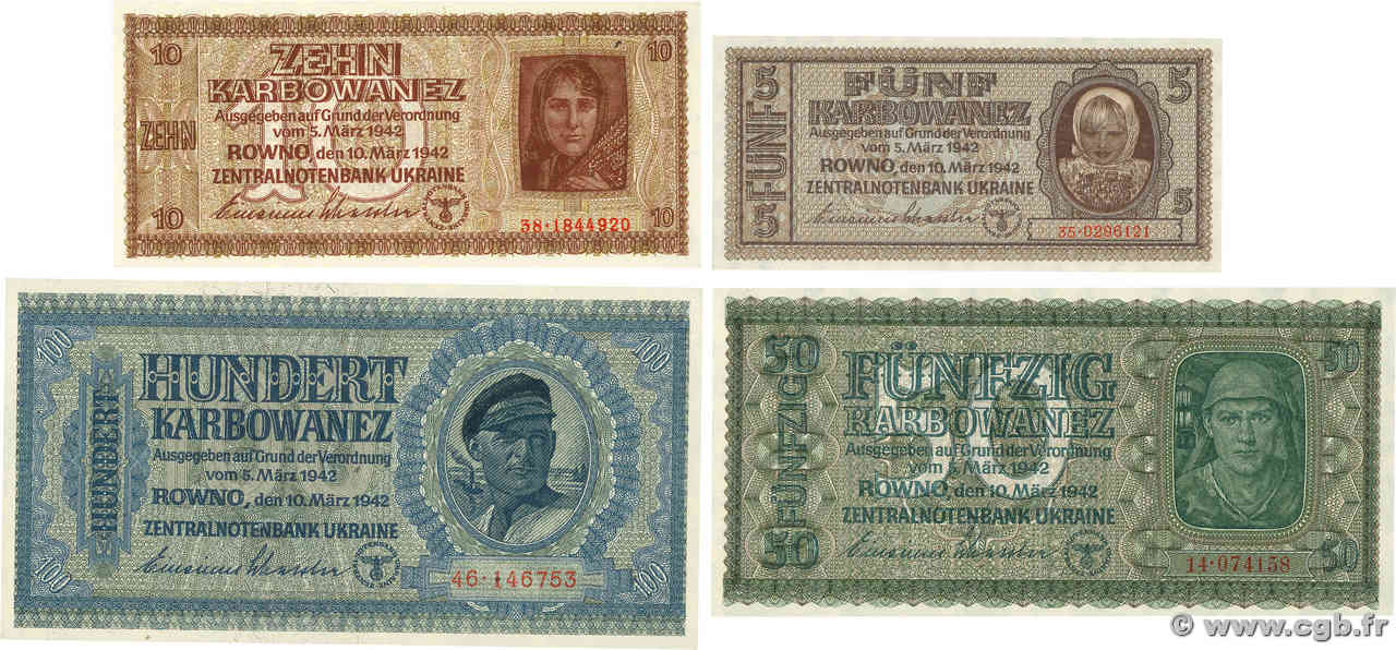 5, 10, 50 et 100 Karbowanez Lot UKRAINE  1942 P.051 P.52, et P.54 P.55 pr.NEUF