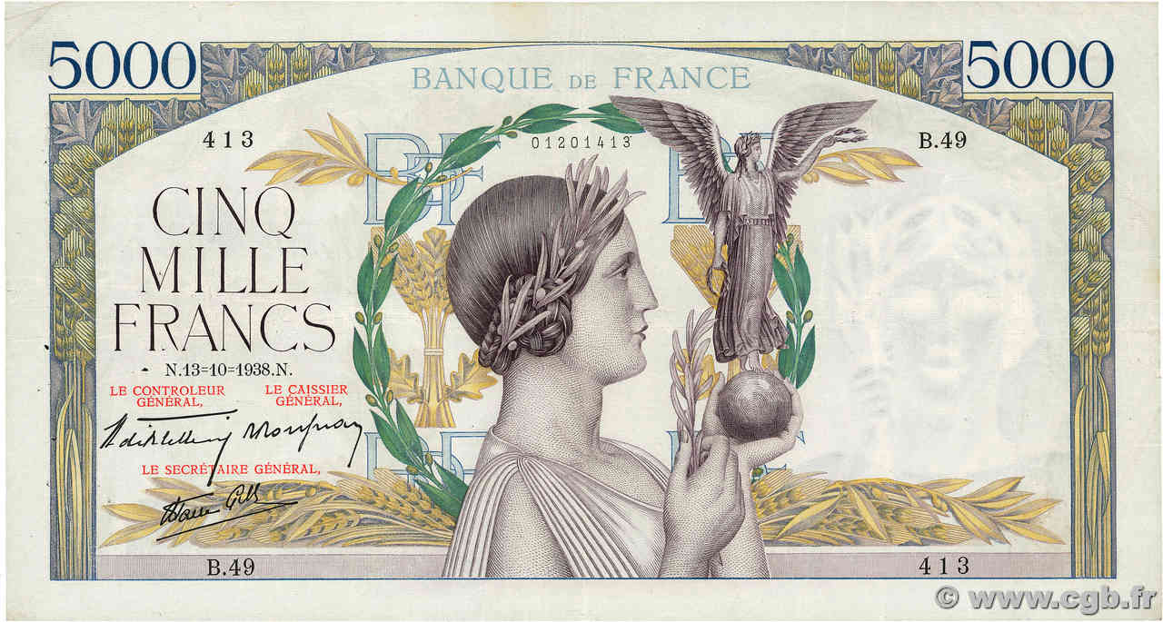 5000 Francs VICTOIRE modifié, taille douce FRANKREICH  1938 F.45.01 SS