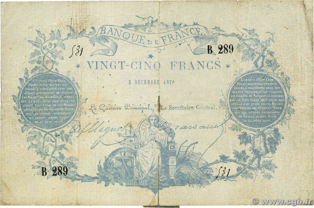 25 Francs type 1870 - Clermont-Ferrand Faux FRANKREICH  1870 F.A44.01x SGE