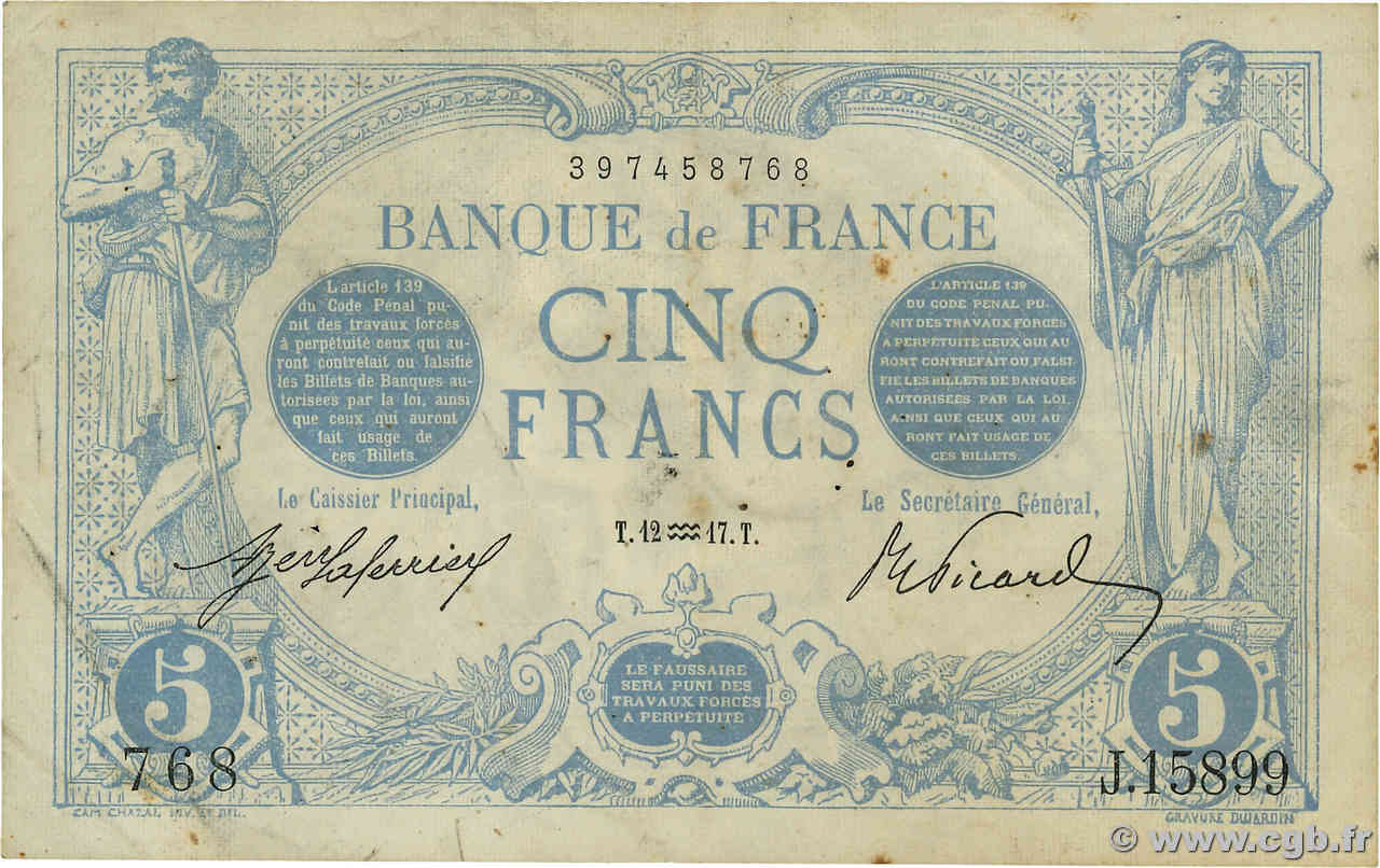 5 Francs BLEU FRANCIA  1917 F.02.47 BC+