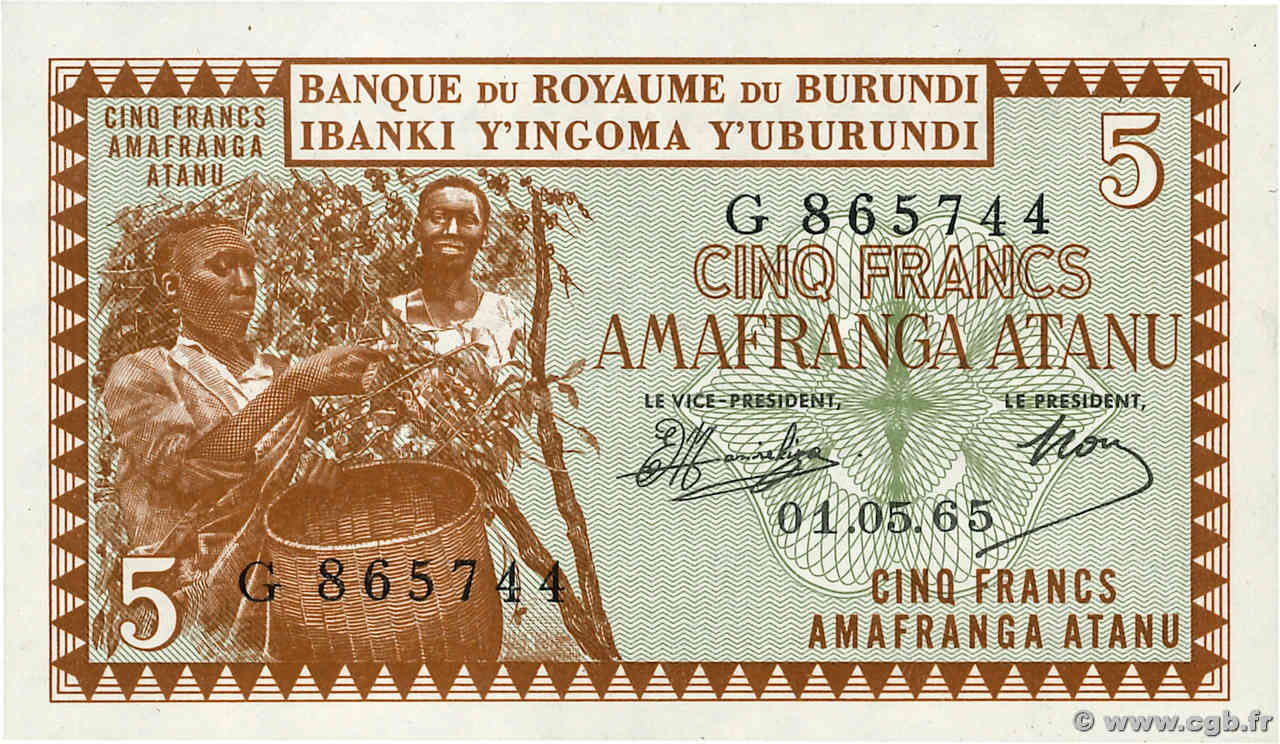 5 Francs BURUNDI  1965 P.08 NEUF