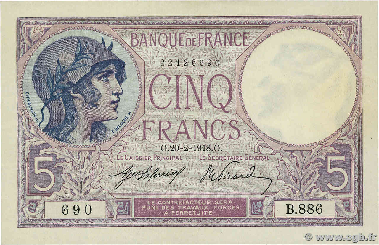 5 Francs FEMME CASQUÉE FRANCE  1918 F.03.02 UNC-