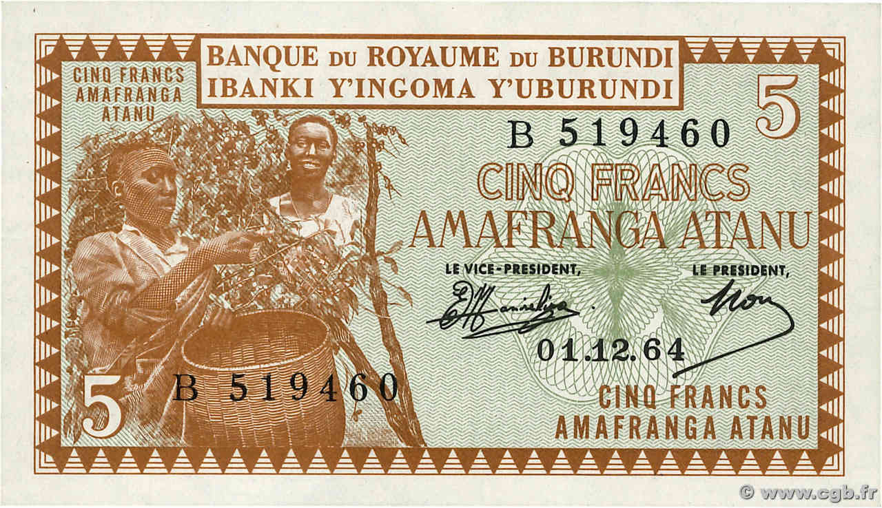 5 Francs BURUNDI  1964 P.08 UNC-