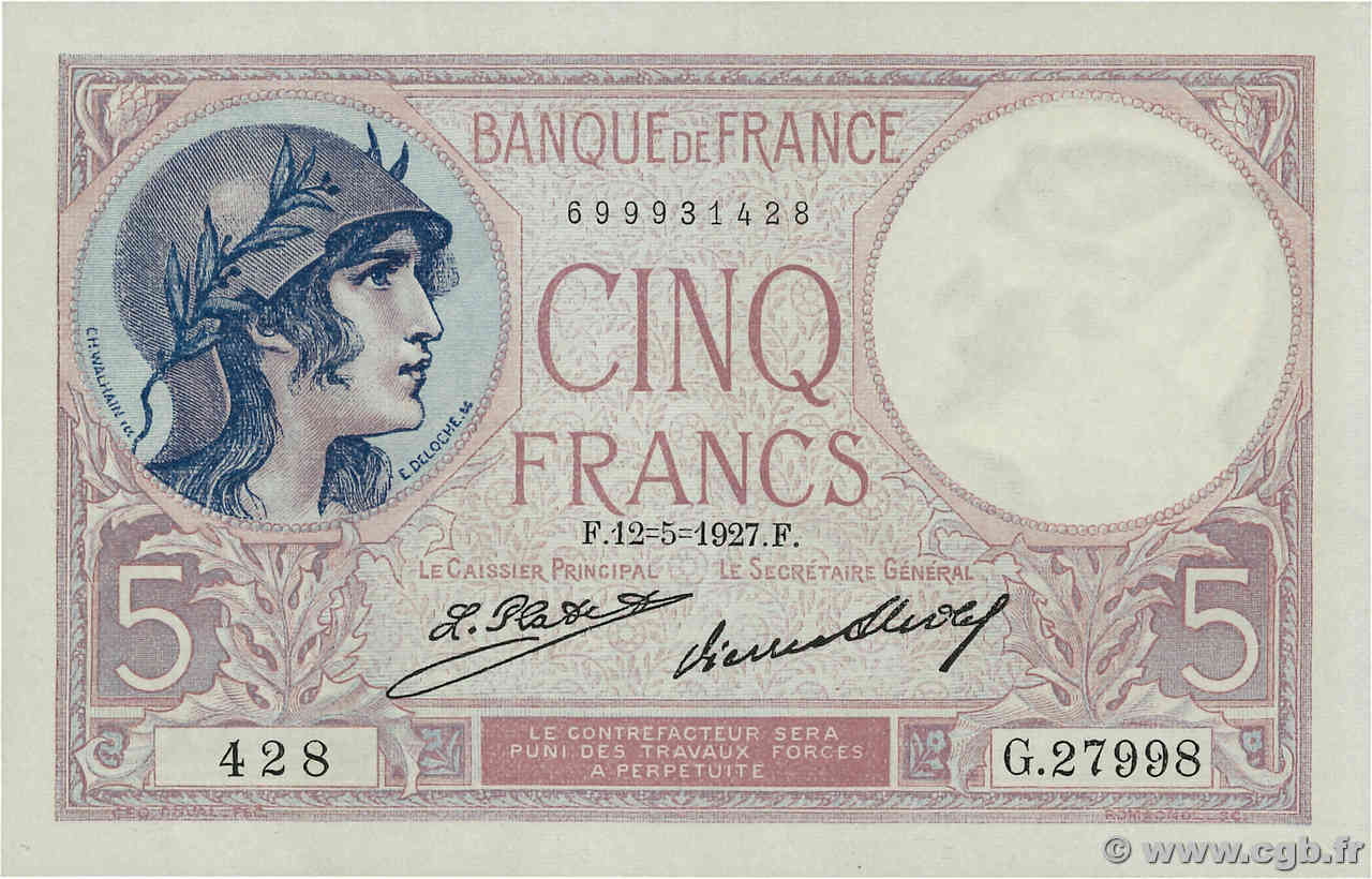 5 Francs FEMME CASQUÉE FRANKREICH  1927 F.03.11 fST