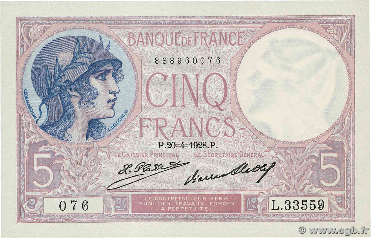 5 Francs FEMME CASQUÉE FRANKREICH  1928 F.03.12 ST