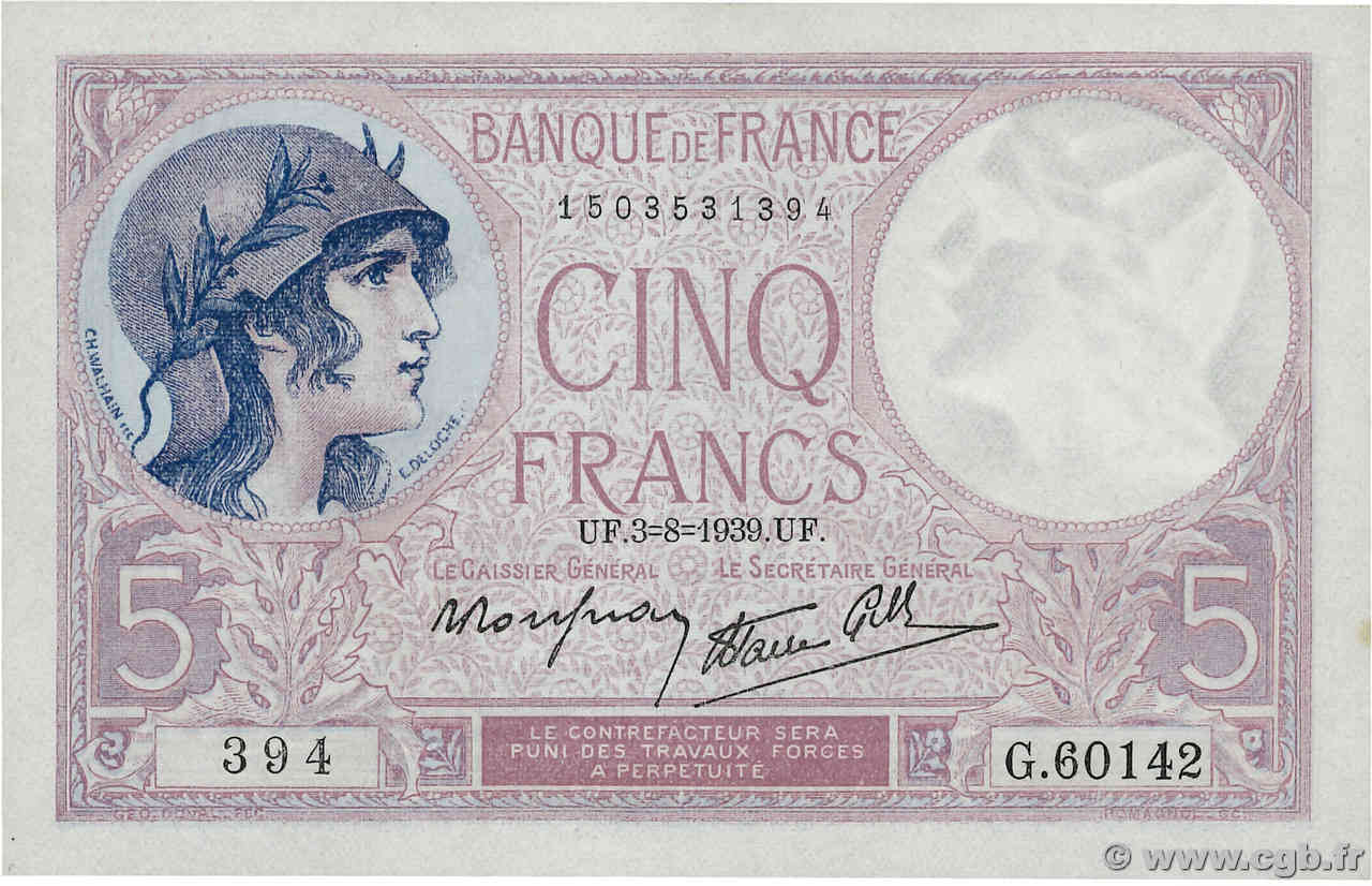 5 Francs FEMME CASQUÉE modifié FRANCE  1939 F.04.04 SPL