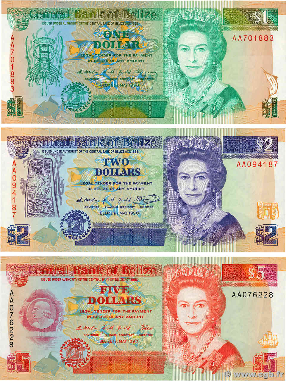 1, 2 et 5 Dollars Lot BELIZE  1990 P.51, P.52a et  P.53a fST+