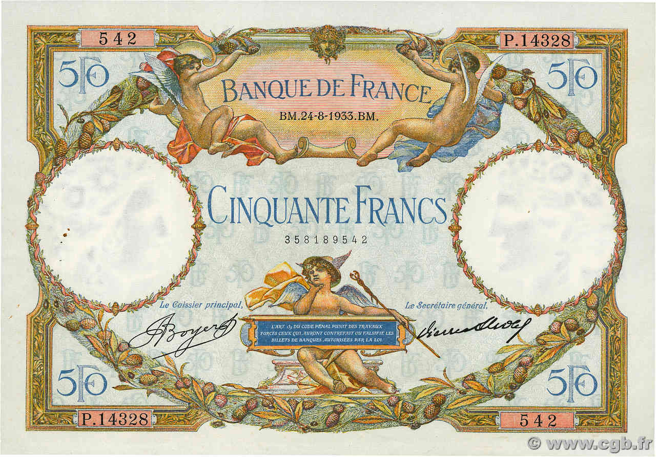 50 Francs LUC OLIVIER MERSON type modifié FRANCIA  1933 F.16.04 EBC+