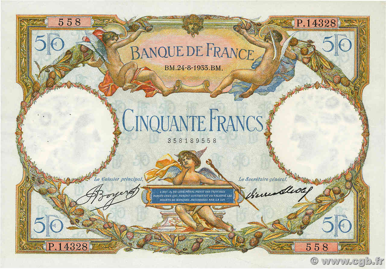 50 Francs LUC OLIVIER MERSON type modifié FRANKREICH  1933 F.16.04 VZ+