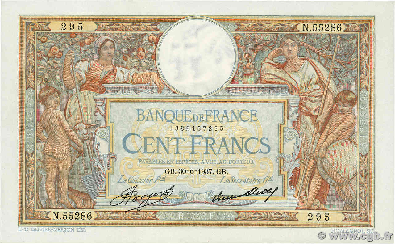 100 Francs LUC OLIVIER MERSON grands cartouches FRANKREICH  1937 F.24.16 fST