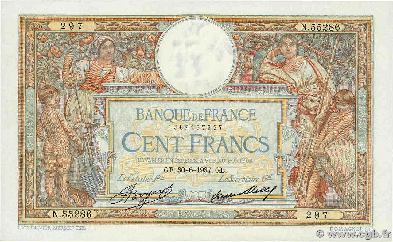 100 Francs LUC OLIVIER MERSON grands cartouches FRANCE  1937 F.24.16 SPL