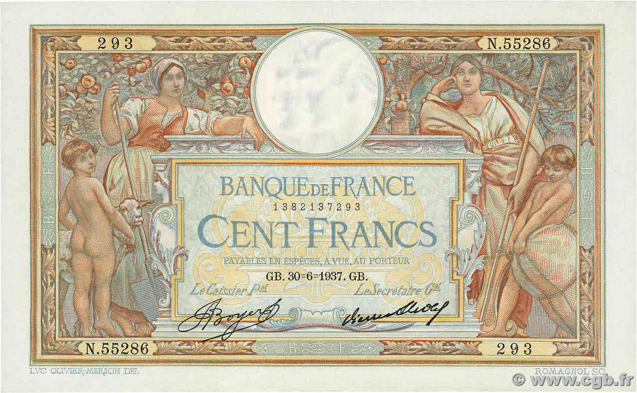 100 Francs LUC OLIVIER MERSON grands cartouches FRANCE  1937 F.24.16 SPL