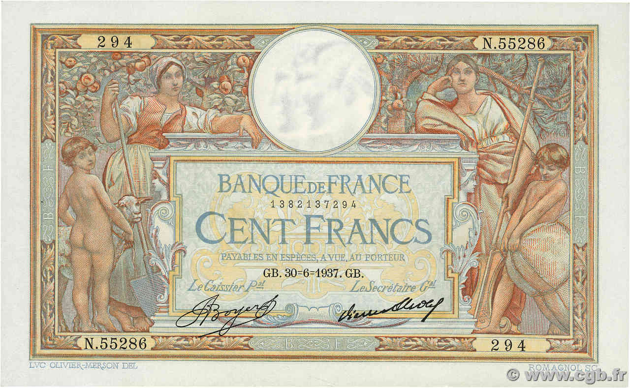 100 Francs LUC OLIVIER MERSON grands cartouches FRANCE  1937 F.24.16 SPL