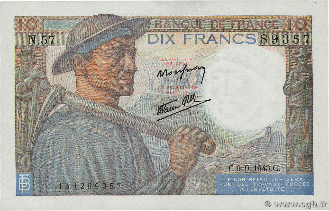 10 Francs MINEUR FRANCE  1943 F.08.09 UNC