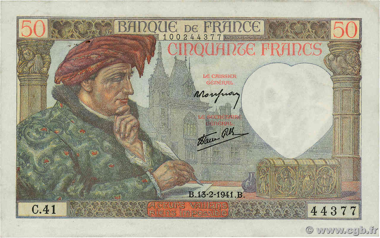 50 Francs JACQUES CŒUR FRANKREICH  1941 F.19.06 VZ+