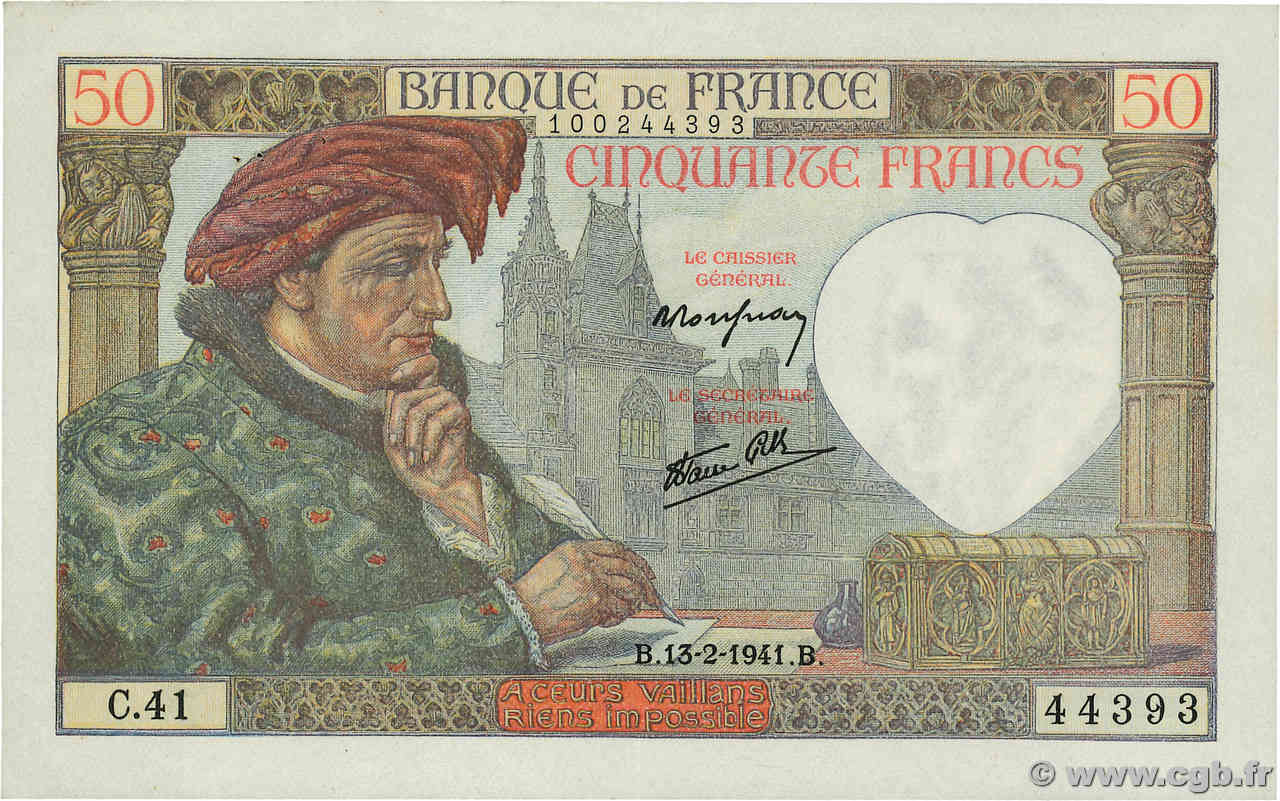 50 Francs JACQUES CŒUR FRANCE  1941 F.19.06 XF+