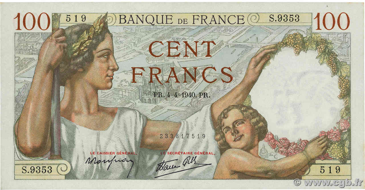 100 Francs SULLY FRANKREICH  1940 F.26.26 fST+