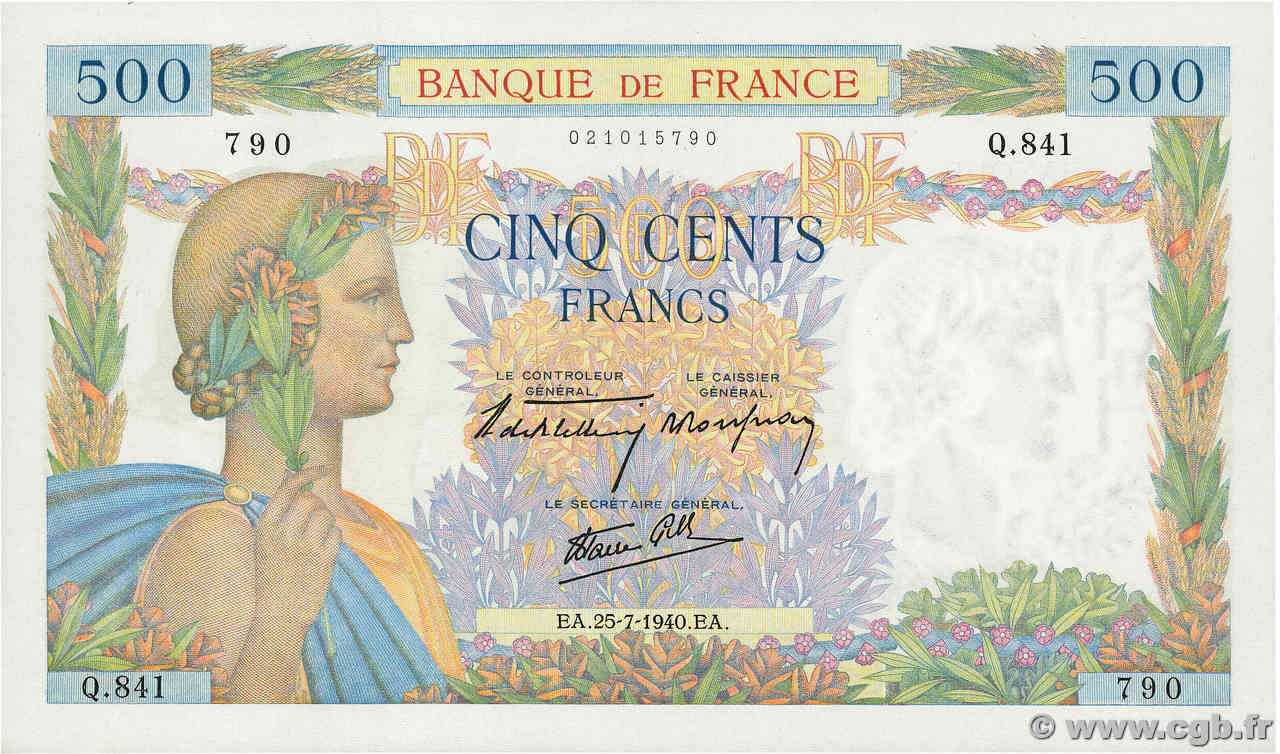 500 Francs LA PAIX FRANCIA  1940 F.32.05 q.FDC