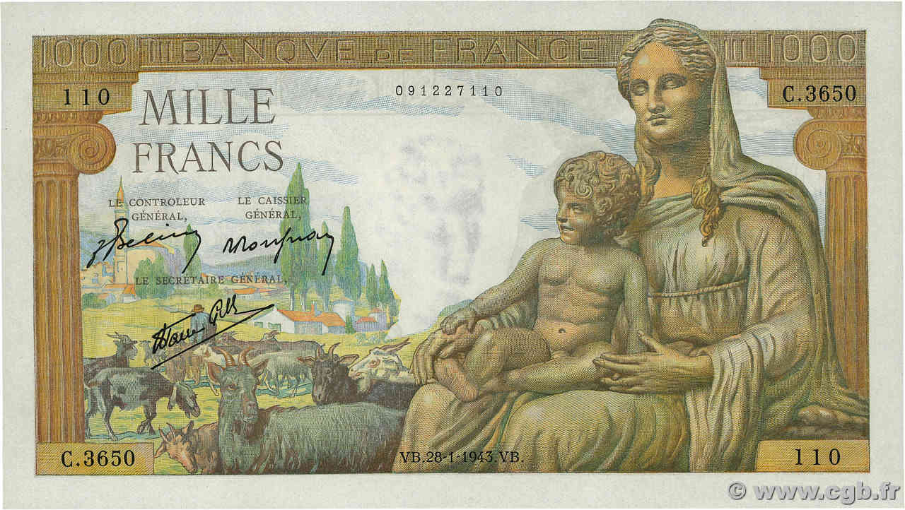 1000 Francs DÉESSE DÉMÉTER FRANKREICH  1943 F.40.17 ST