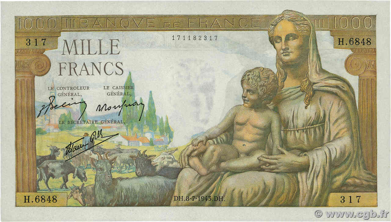 1000 Francs DÉESSE DÉMÉTER FRANCIA  1943 F.40.29 FDC