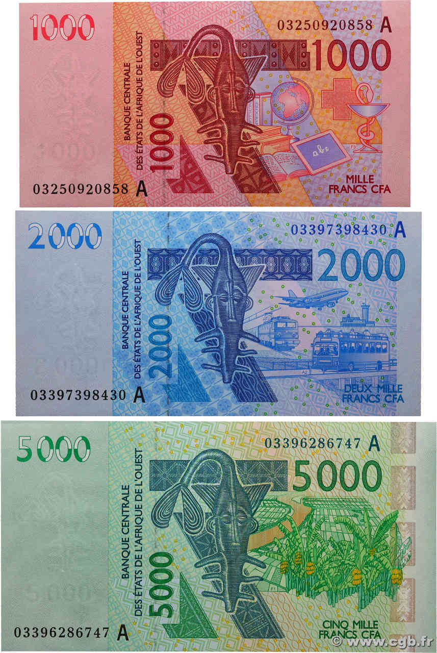 1000, 2000 et 5000 Francs Lot ÉTATS DE L AFRIQUE DE L OUEST  2003 P.115Aa, P.116Aa et P.117Aa pr.NEUF