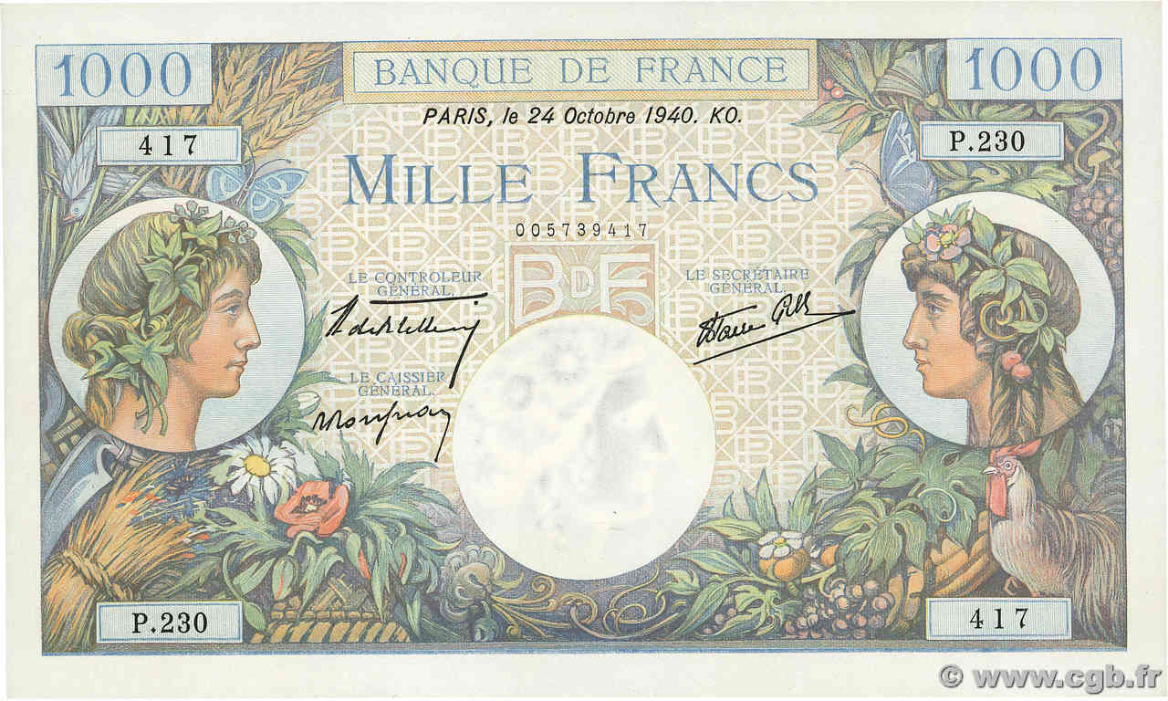 1000 Francs COMMERCE ET INDUSTRIE FRANCE  1940 F.39.01 AU+