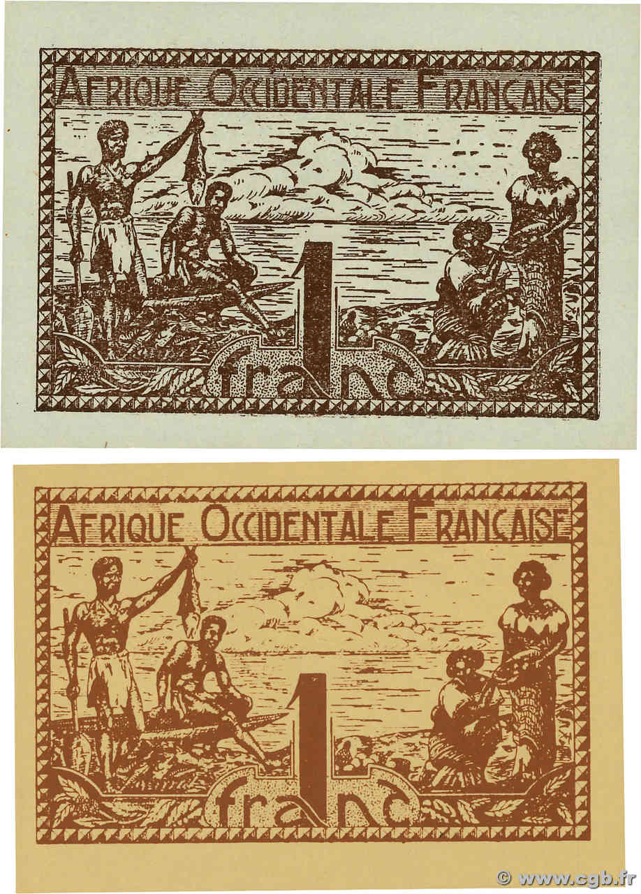 1 Franc Lot FRENCH WEST AFRICA  1944 P.34a/b ST