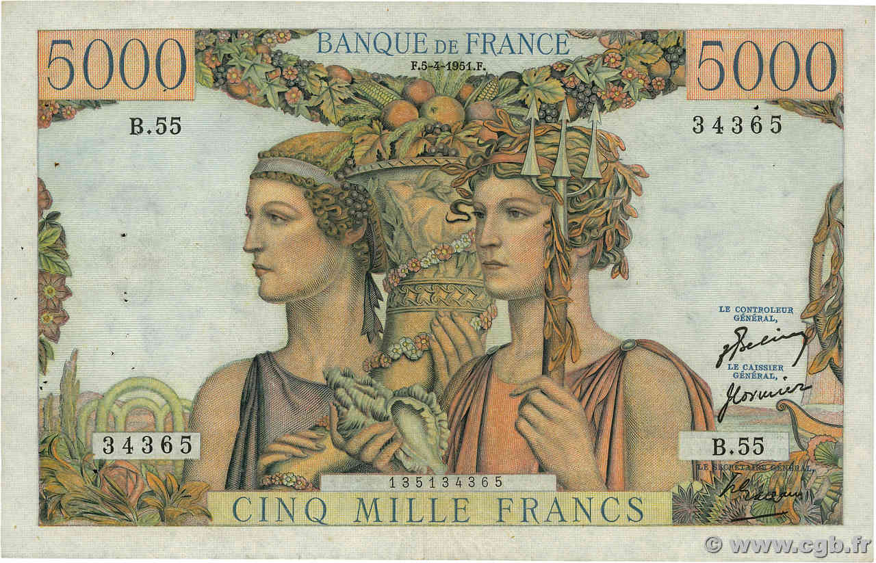 5000 Francs TERRE ET MER FRANKREICH  1951 F.48.04 SS