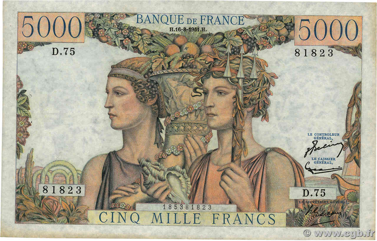 5000 Francs TERRE ET MER FRANCE  1951 F.48.05 VF+