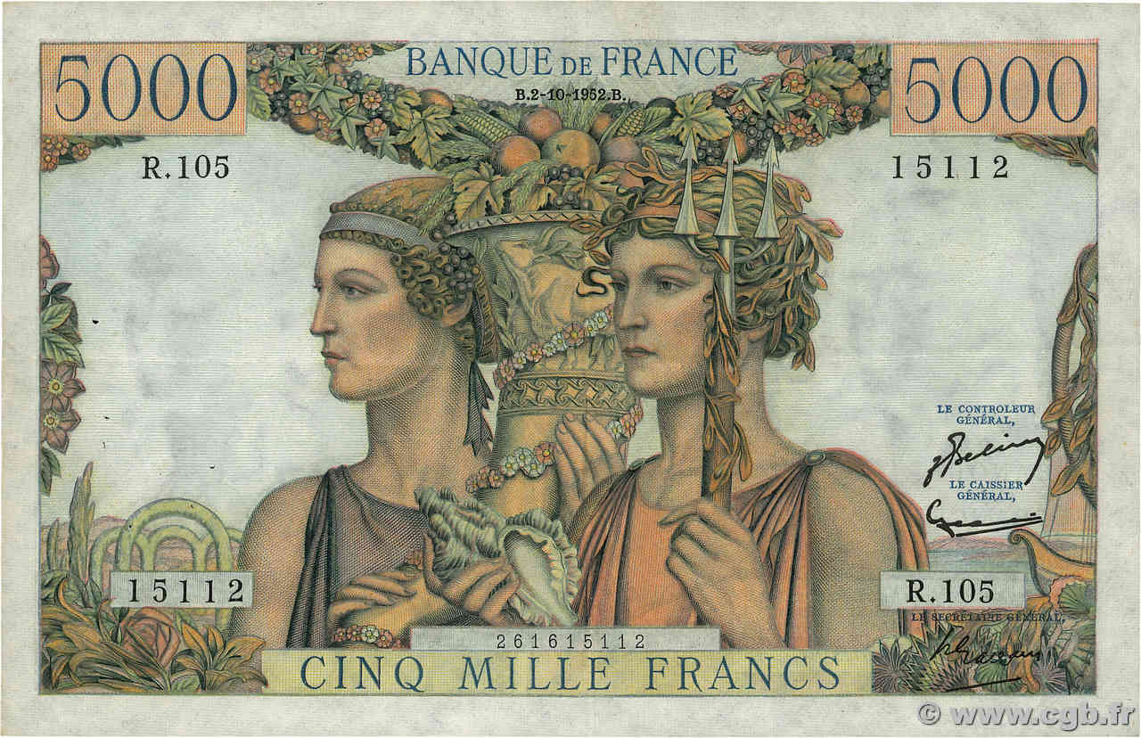 5000 Francs TERRE ET MER FRANCE  1952 F.48.07 VF