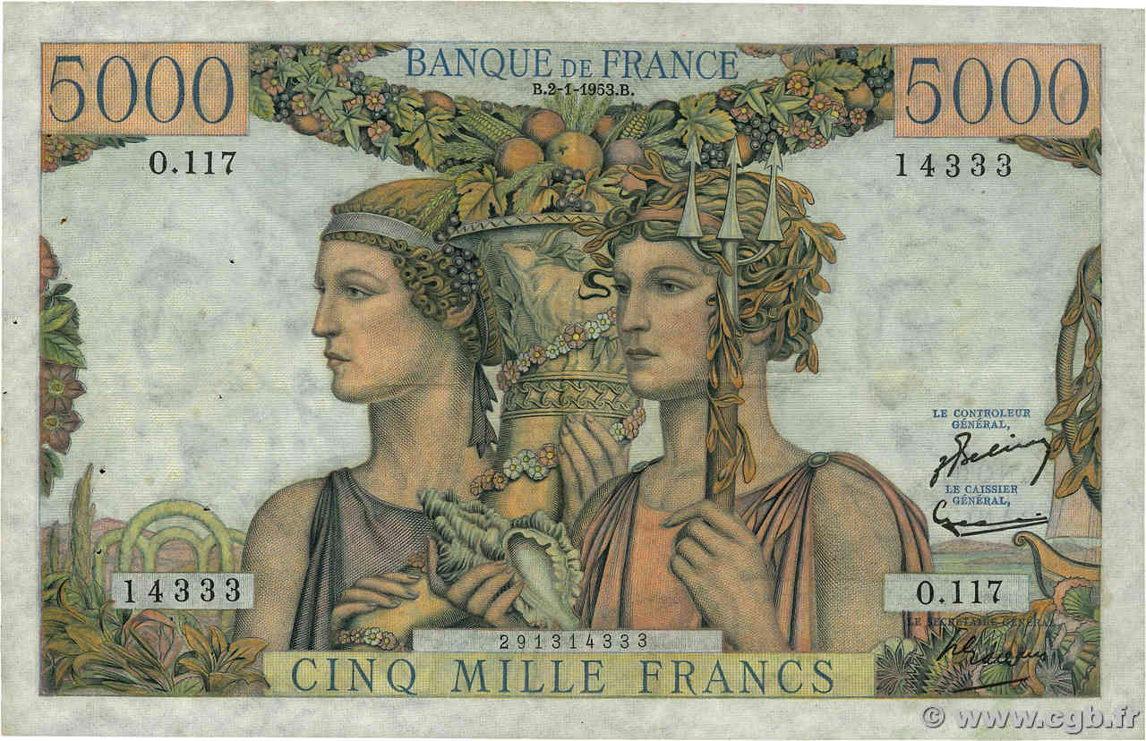 5000 Francs TERRE ET MER FRANCIA  1953 F.48.08 MBC