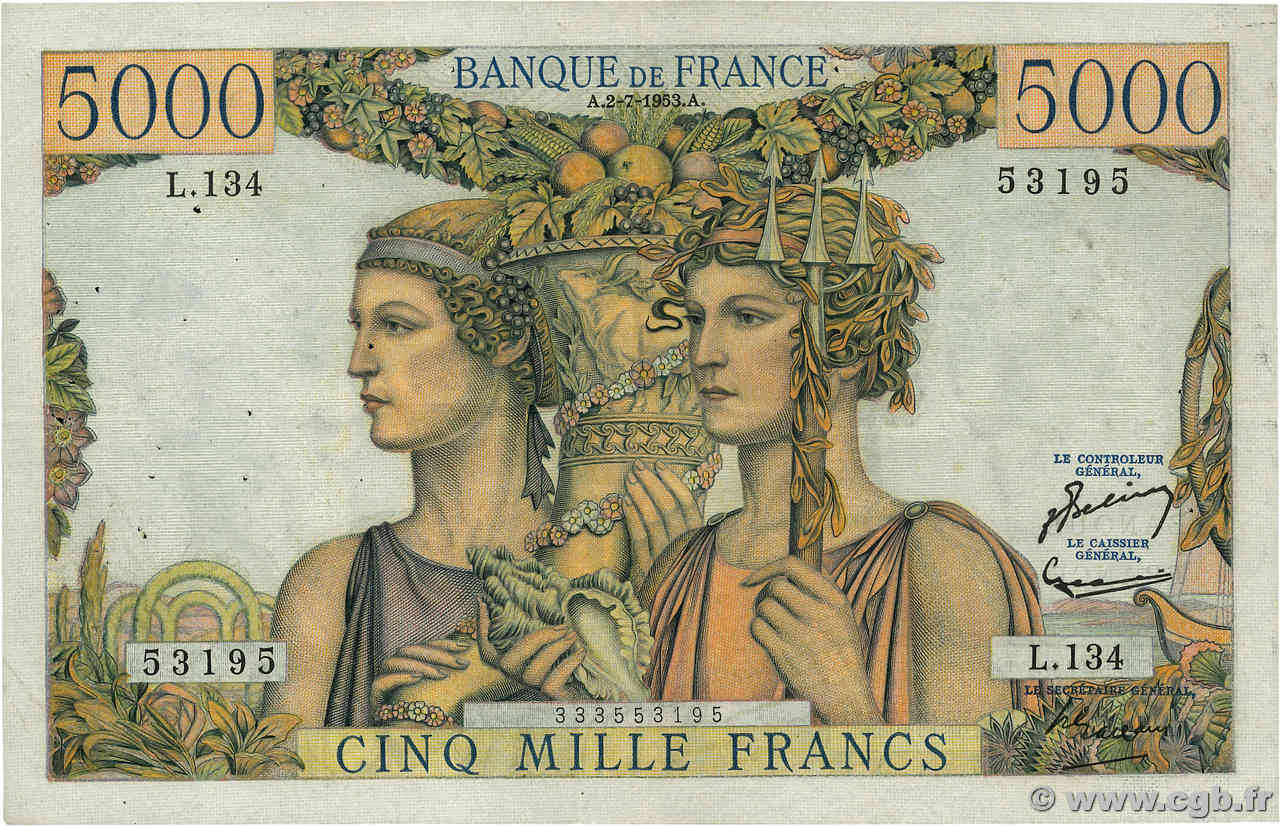 5000 Francs TERRE ET MER FRANCE  1953 F.48.09 VF