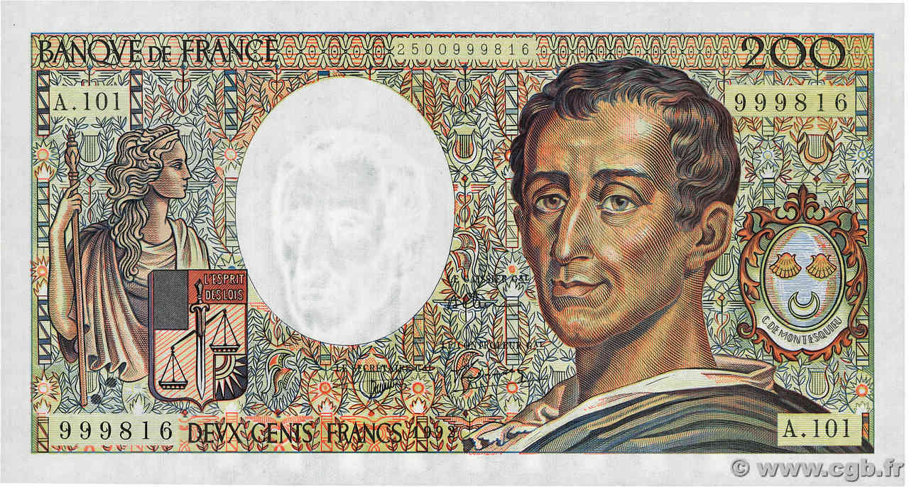 200 Francs MONTESQUIEU alphabet 101 FRANCE  1992 F.70bis.01 UNC