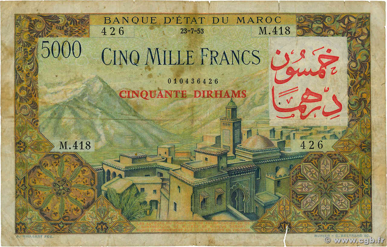 50 Dirhams sur 5000 Francs MAROC  1953 P.51 pr.TB