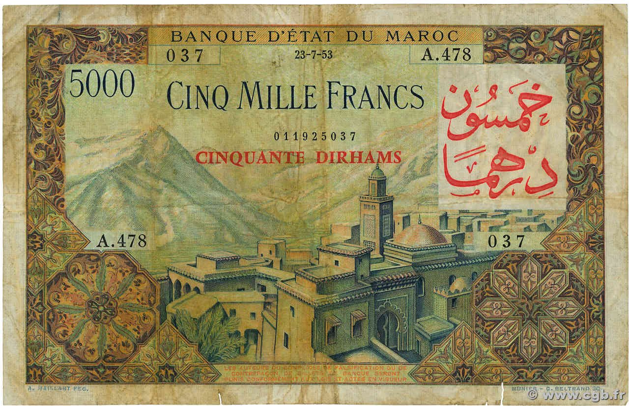 50 Dirhams sur 5000 Francs MARUECOS  1953 P.51 RC+