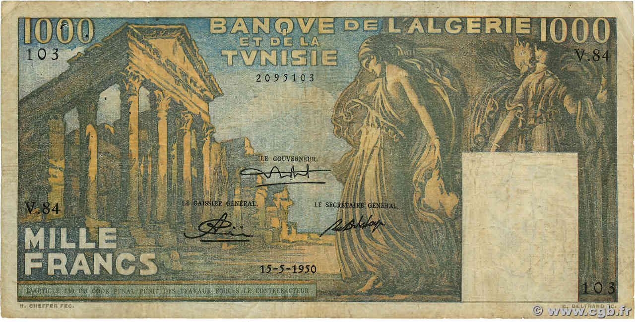 1000 Francs TUNISIA  1950 P.29a q.MB