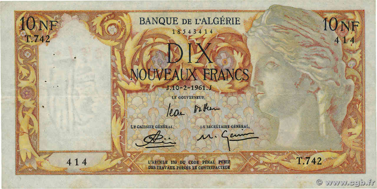 10 Nouveaux Francs ARGELIA  1961 P.119a MBC