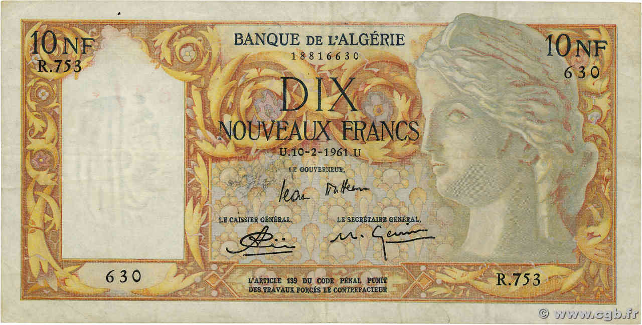 10 Nouveaux Francs ALGERIA  1961 P.119a VF-