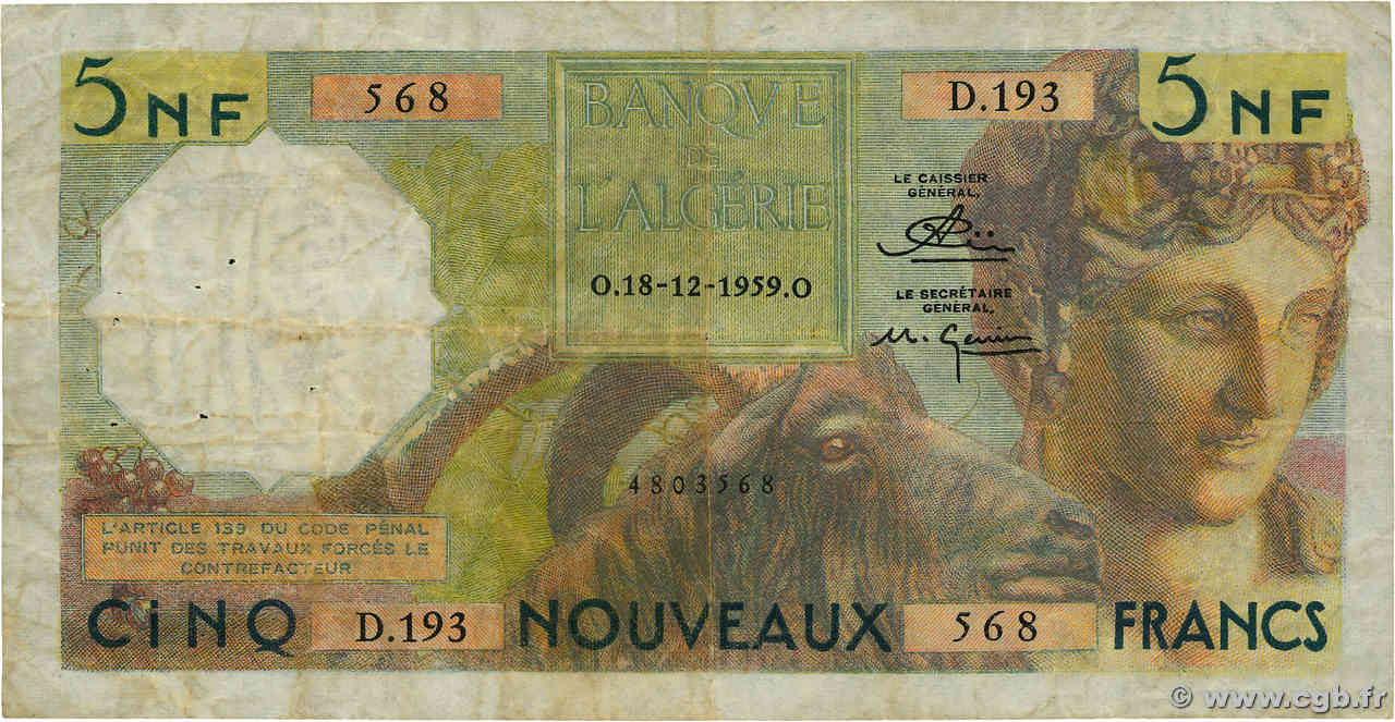 5 Nouveaux Francs ARGELIA  1959 P.118a BC