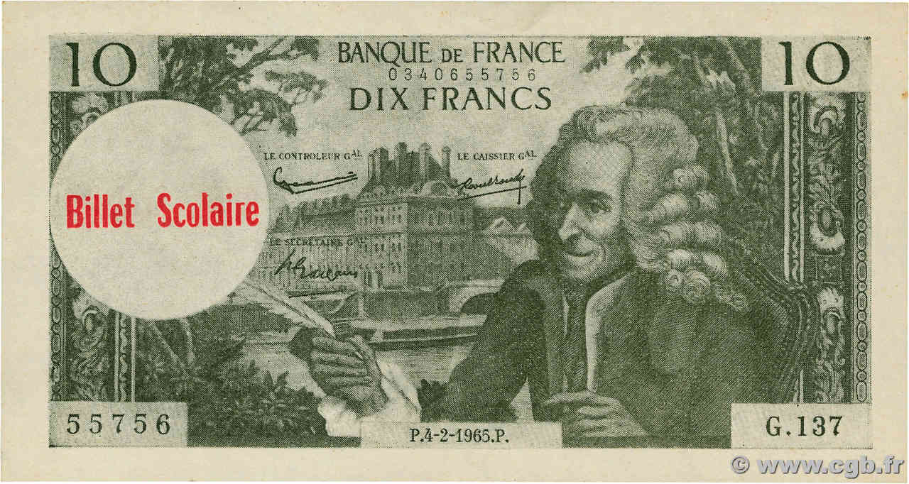 10 Francs VOLTAIRE Scolaire FRANCE régionalisme et divers  1965 F. pr.NEUF