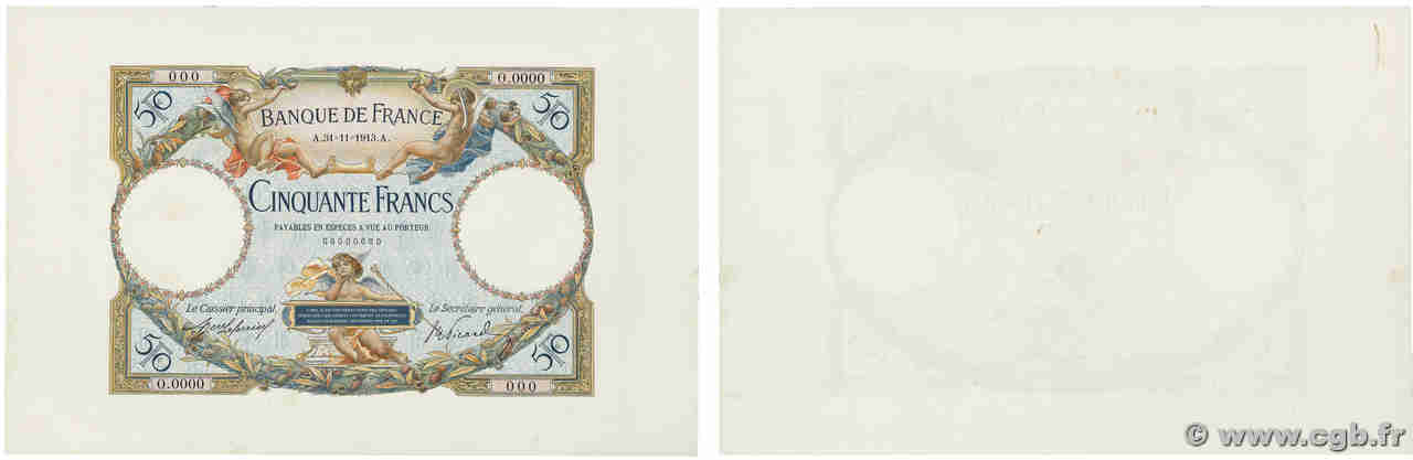 50 Francs LUC OLIVIER MERSON Épreuve FRANCIA  1913 NE.1913 FDC