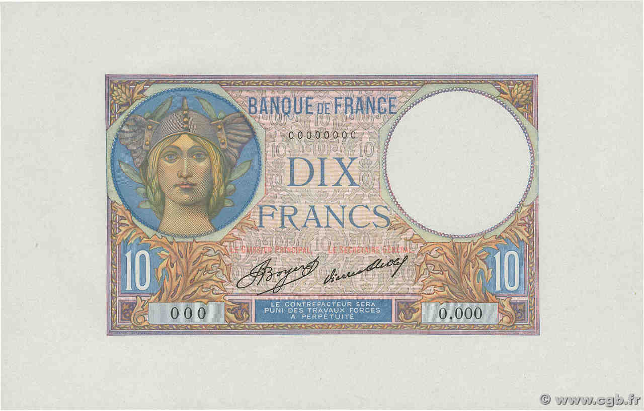 10 Francs MINERVE Colorisé Non émis FRANKREICH  1936 NE.1936 ST