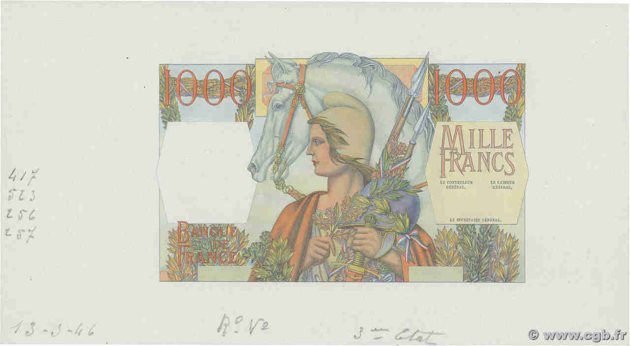 1000 Francs RÉPUBLIQUE ET CÉRÈS Non émis FRANCIA  1946 NE.1947 SC+